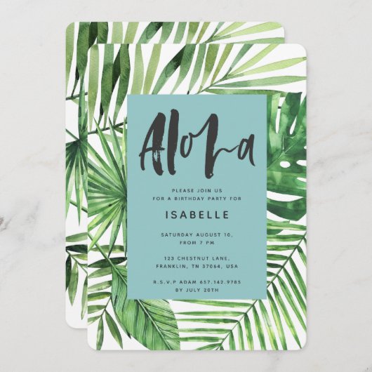 Aloha tropische palm en scriptverjaardagsuitnodigi save the date (Voorkant / Achterkant)