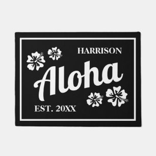 Aloha zwart en wit Hawaiiaanse bloem deur mat