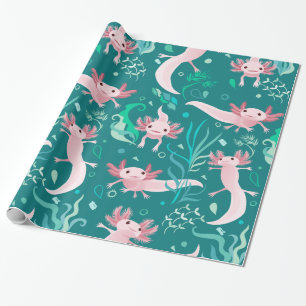 Alotta roze Axolotls op Blauwgroen pakpapier