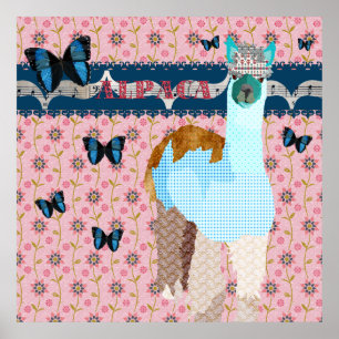 Alpaca Boho Butterflies Pink Floral Poster