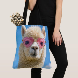 Alpaca die een roze hartvormige bril draagt draagtas