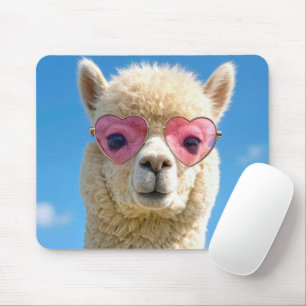 Alpaca die een roze hartvormige bril draagt muismat