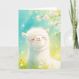 Alpaca die zich koestert in de bloeiende bloemen kaart
