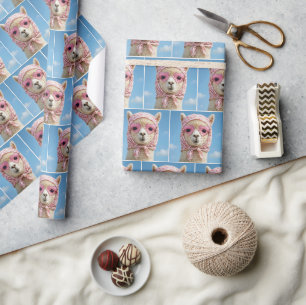 Alpaca draagt sjaal en zonnebril cadeaupapier