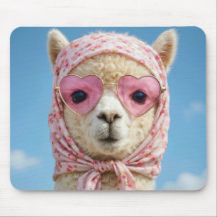 Alpaca draagt sjaal en zonnebril muismat