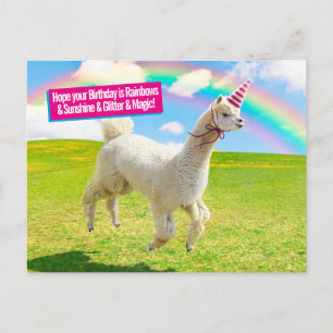 Alpaca Eenhoorn Onder Regenboog Hemel Uitnodiging Briefkaart