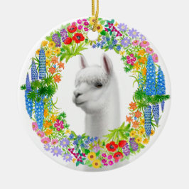 Alpaca in Floral Wreath Kerstversier Keramisch Ornament