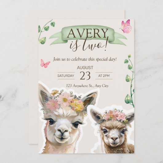 Alpaca lama Kind Verjaardag | uitnodiging tot baby (Voorkant / Achterkant)