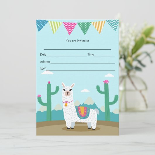 Alpaca llama Uitnodiging vult kinderverjaardag in (Staand voorkant)