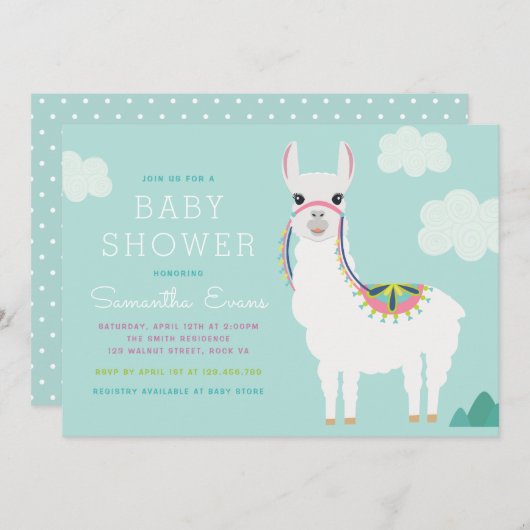 Alpaca Llama verjaardagsuitnodiging Baby shower Kaart (Voorkant / Achterkant)