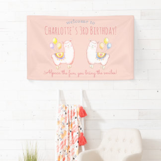 Alpaca met ballon roze kinderverjaardags welkom spandoek