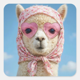 Alpaca met hoofddoek en zonnebril vierkante sticker