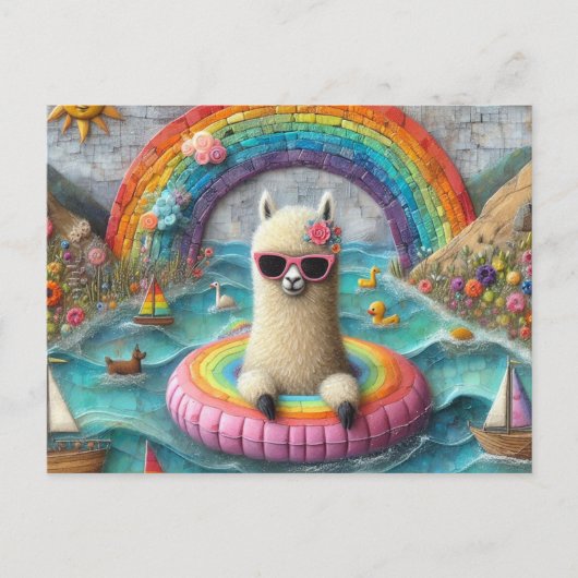 Alpaca op een Rainbow Color Float Briefkaart (Voorkant)