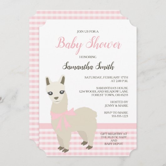 Alpaca Roze Baby shower Uitnodiging (Voorkant / Achterkant)