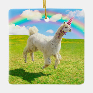 Alpaca Unicorn onder regenbooghemel Keramisch Ornament