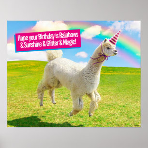 Alpaca Unicorn onder regenbooghemel Poster
