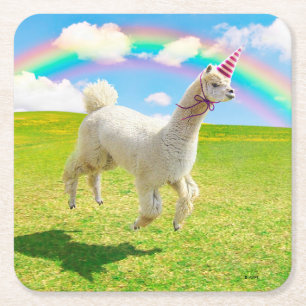 Alpaca Unicorn onder regenbooghemel Vierkante Kartonnen Onderzetter