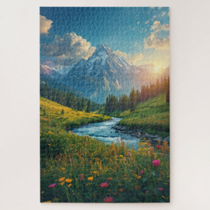 Alpen Rivier Zonsopgang – Serene Berglandschap Legpuzzel