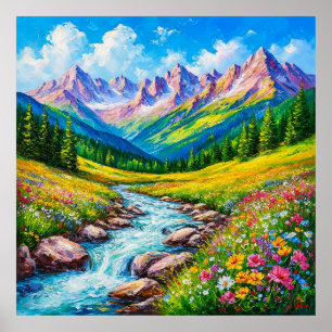 Alpenlandschap met bloeiende wilde bloemen poster