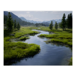 Alpenvallei Stroom Groene Weiden Besneeuwde Toppen Perfect Poster