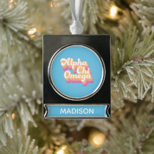 Alpha Chi Omega Groovy Script Verzilverd Banner Ornament