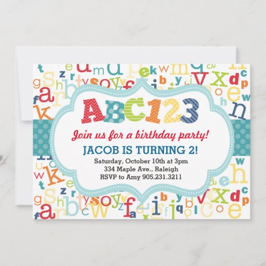 Alphabet Birthday Party Invitation Kaart (Voorkant)