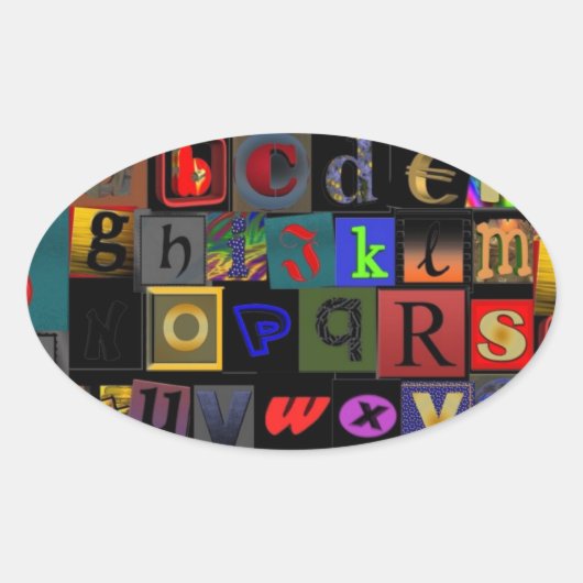 Alphabet Soup, ontwerp van mozaïekletters, leuke k Ovale Sticker (Voorkant)
