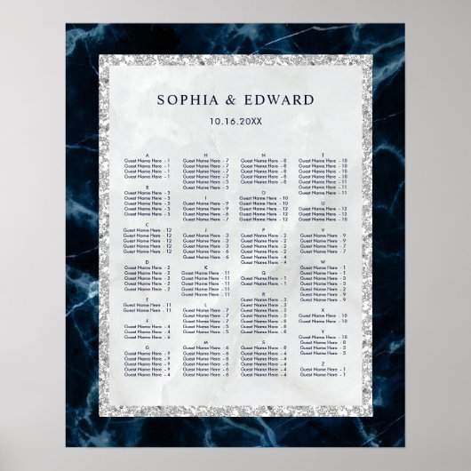 ALPHABETISCH ORDER Marble Wedding Seding Chart Poster (Voorkant)