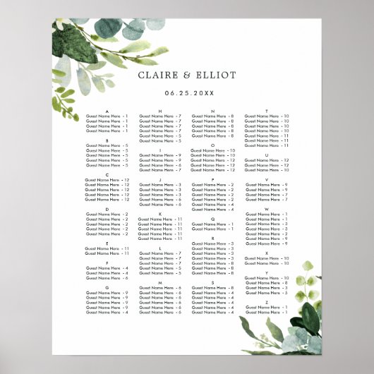 ALPHABETISCHE ORDER Greenery Wedding Seding Chart Poster (Voorkant)