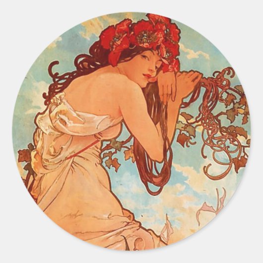 Alphons Mucha Summer Ronde Sticker (Voorkant)