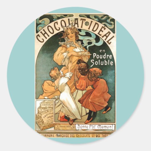 Alphonse (Alfons) Mucha Chocolat Ideal Ronde Sticker (Voorkant)