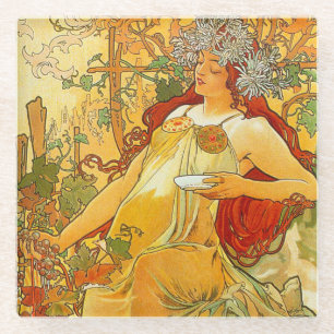 Alphonse Mucha Art Nouveau Herfst Glazen Onderzetter