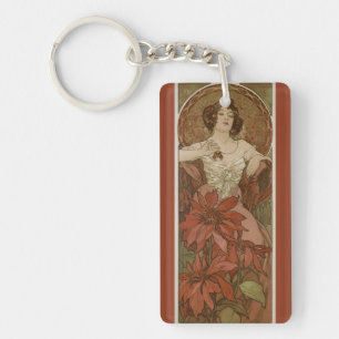 Alphonse Mucha Art Nouveau Robijn Vintage Bloemmot Sleutelhanger