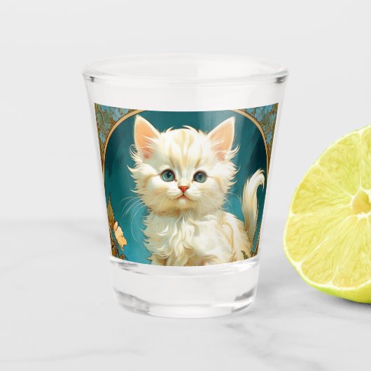 Alphonse Mucha Art Nouveau White Cat Shot Glas (Voorkant)