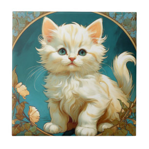Alphonse Mucha Art Nouveau White Cat Tegeltje