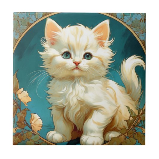 Alphonse Mucha Art Nouveau White Cat Tegeltje (Voorkant)