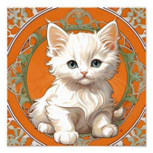 Alphonse Mucha Art Nouveau White Kitten Foto Afdruk