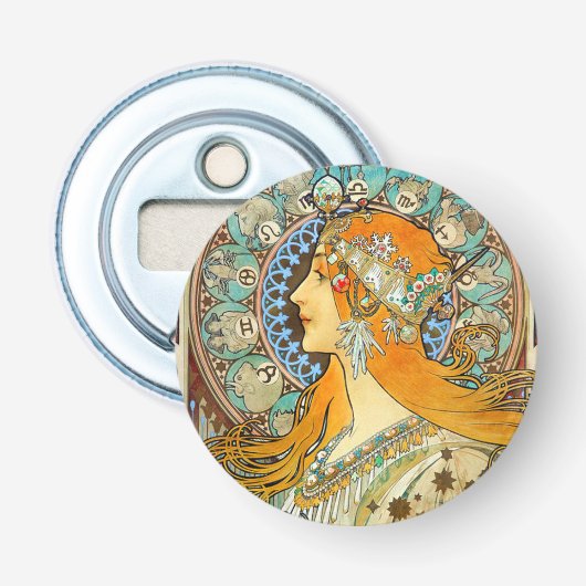 Alphonse Mucha Art Nouveau Zodiac Button Flesopener (Voorkant)