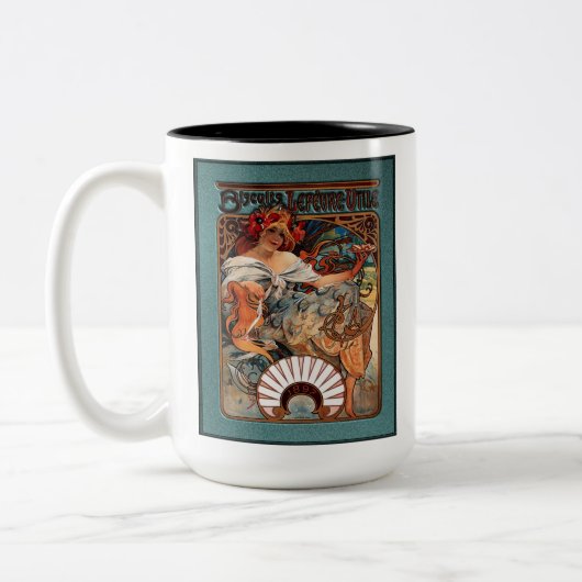 Alphonse Mucha Biscuits Lefevre-Utile Speckled van Tweekleurige Koffiemok (Links)