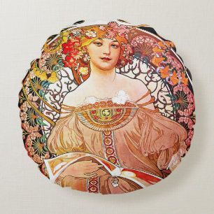 Alphonse Mucha Daydroom Floral  Art Nouveau Rond Kussen