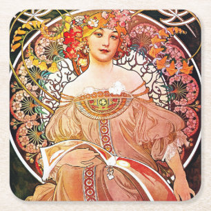Alphonse Mucha Daydroom Floral  Art Nouveau Vierkante Kartonnen Onderzetter