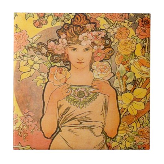 Alphonse Mucha de Roos Tile Tegeltje (Voorkant)