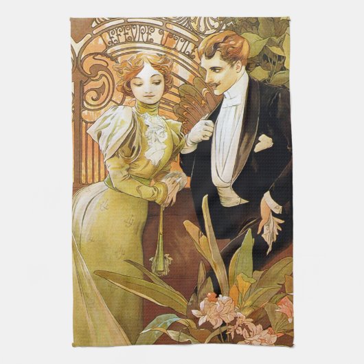 Alphonse Mucha Flirt Romantic Art Nouveau Theedoek (Verticaal)
