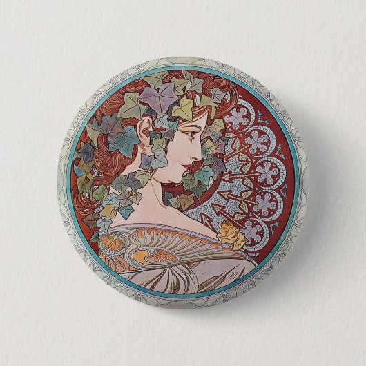 Alphonse Mucha Ivy Art Nouveau Round Button Pin (Voorkant)