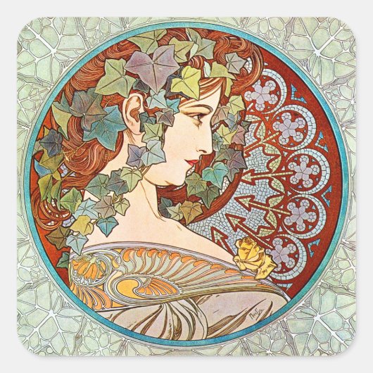 Alphonse Mucha Ivy Vierkante Sticker (Voorkant)
