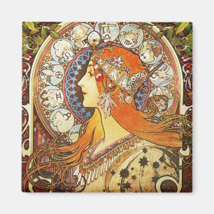 Alphonse Mucha La Plume Zodiac Art  Magneet