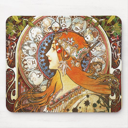 Alphonse Mucha La Plume Zodiac Art  Muismat (Voorkant)