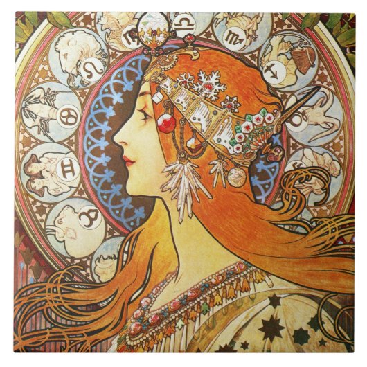 Alphonse Mucha La Plume Zodiac Art  Tegeltje (Voorkant)