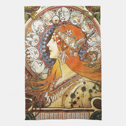 Alphonse Mucha La Plume Zodiac Art Theedoek (Verticaal)