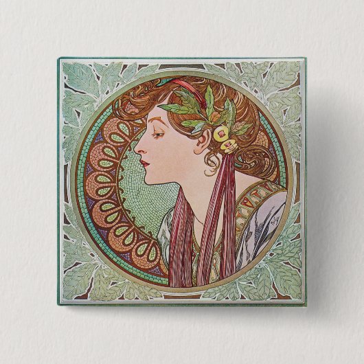 Alphonse Mucha Laurel Art Nouveau Square Button (Voorkant)
